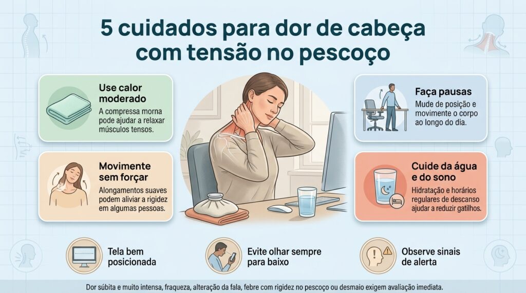 Compressa morna, pausas, movimentos suaves, hidratação e sono regular podem ajudar quando a dor está ligada à tensão muscular.