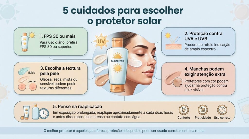 FPS 30 ou mais, amplo espectro, textura adequada, atenção às manchas e facilidade de reaplicação ajudam na escolha do protetor solar.