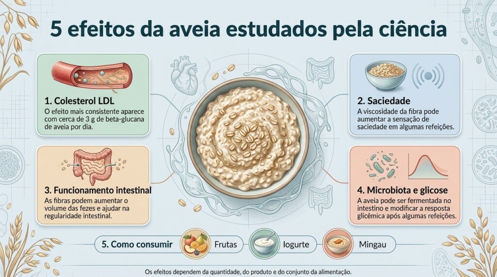 A aveia é estudada por efeitos sobre colesterol, saciedade, intestino, microbiota e resposta da glicose.