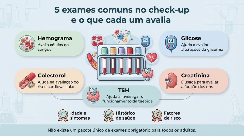 A escolha dos exames do check-up depende da idade, dos sintomas, do histórico de saúde e dos fatores de risco.