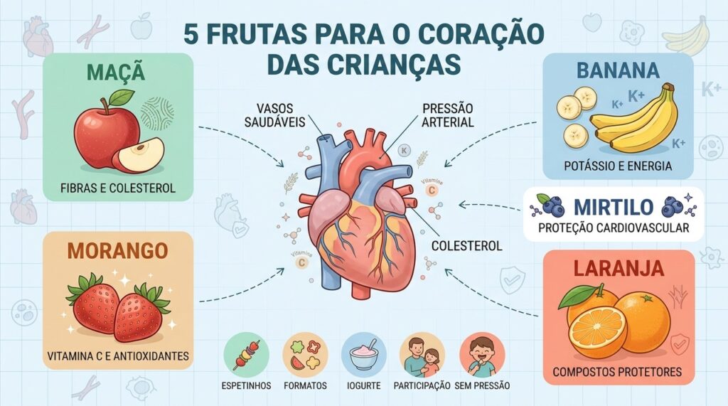 Cinco frutas oferecem fibras, potássio e antioxidantes que apoiam a saúde cardiovascular infantil.