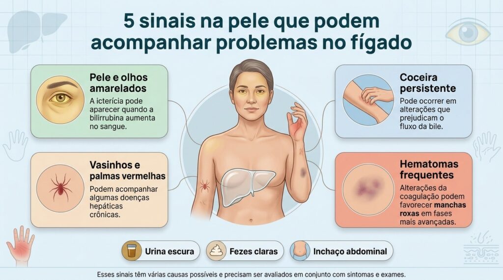 A combinação de alterações na pele com outros sintomas pode ajudar a orientar a investigação do funcionamento do fígado.
