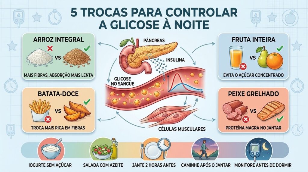 Fibras, proteínas magras e escolhas menos refinadas reduzem picos glicêmicos noturnos.