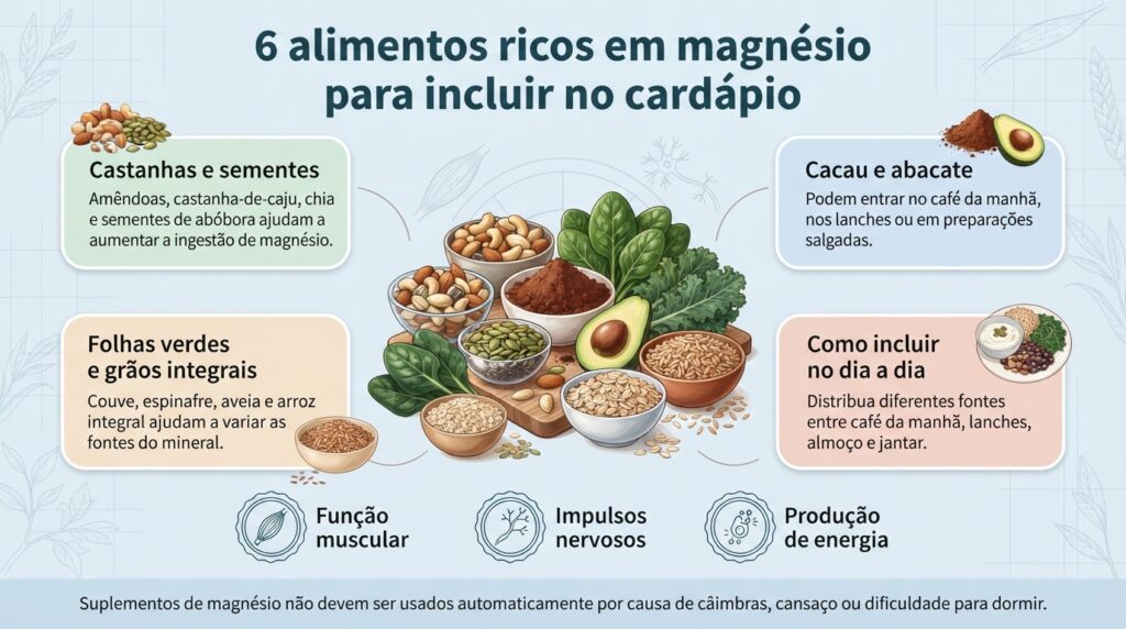 Diferentes alimentos vegetais ajudam a distribuir o magnésio ao longo das refeições sem depender automaticamente de suplementos.