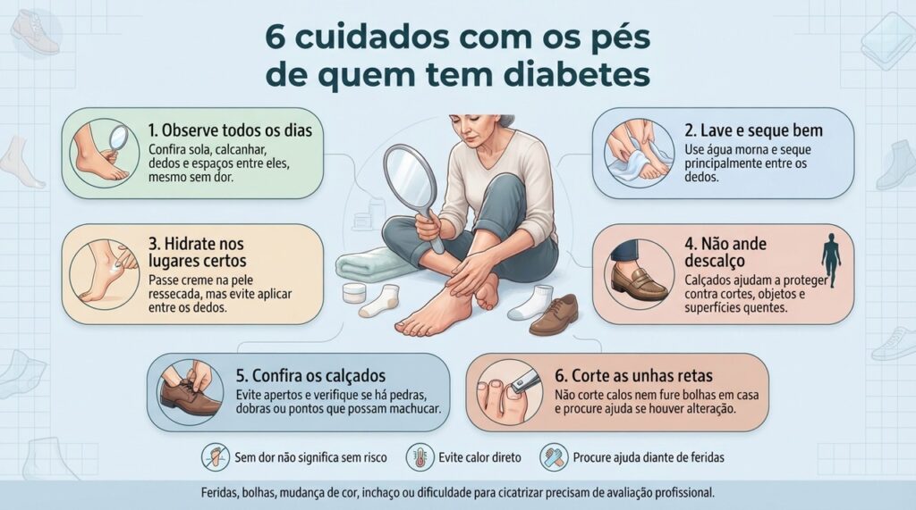 Inspeção diária, higiene, hidratação correta, proteção dos pés e atenção aos calçados ajudam a reduzir o risco de lesões em quem tem diabetes.