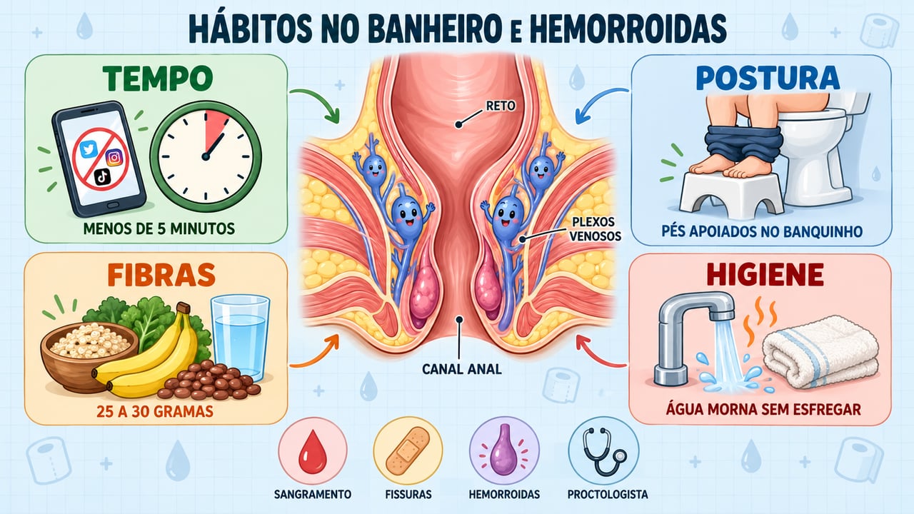 Quatro pilares de proteção: menos tempo no vaso, postura correta, fibras diárias e higiene com água.