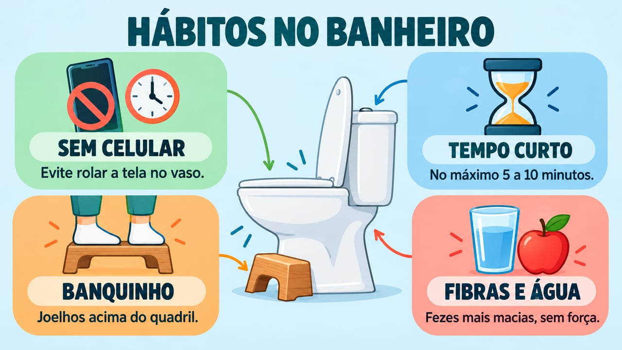 Quatro mudanças simples: sem celular, tempo curto, banquinho para os pés e alimentação com fibras e água.