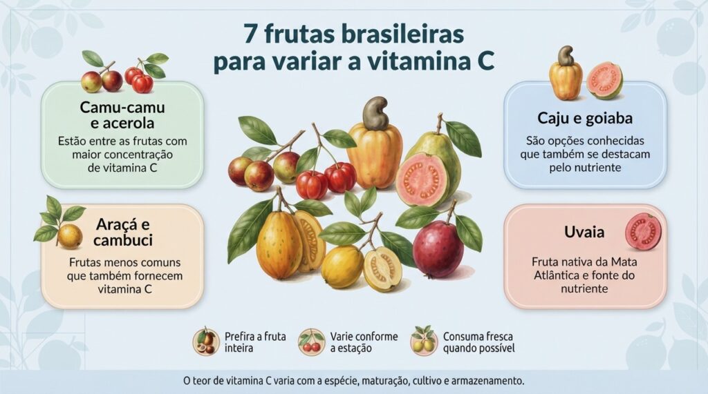 Variar frutas inteiras ajuda a aumentar a diversidade da alimentação e das fontes naturais de vitamina C.