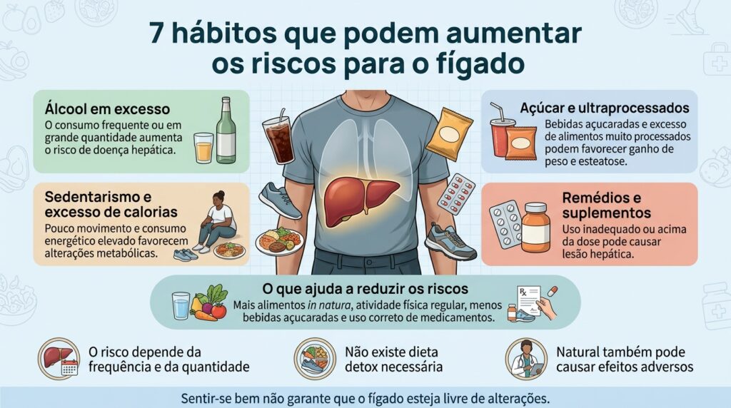 Diferentes hábitos repetidos ao longo do tempo podem favorecer acúmulo de gordura ou lesão hepática em pessoas suscetíveis.