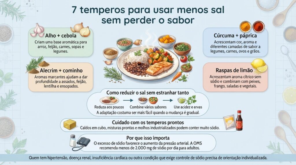 Ervas, especiarias e ingredientes cítricos ajudam a criar sabor e podem facilitar a redução gradual do sal.
