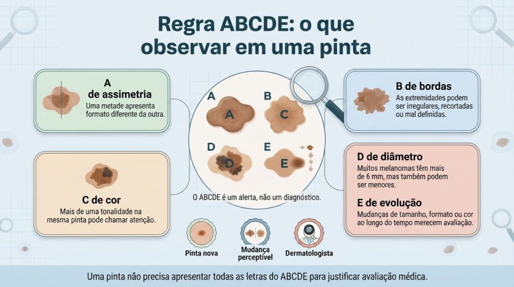 A regra ABCDE ajuda a reconhecer características suspeitas, mas somente a avaliação médica pode confirmar o diagnóstico.