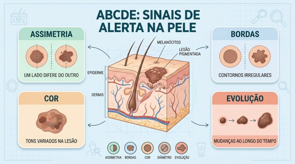 A regra ABCDE orienta a observação de pintas e indica quando procurar avaliação dermatológica.