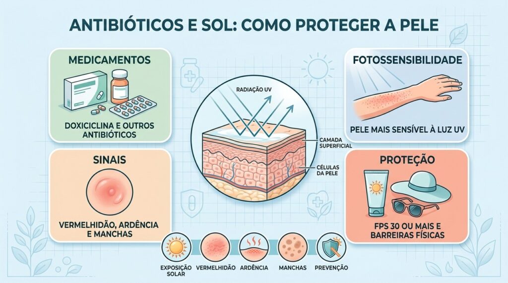 Fotossensibilidade medicamentosa: conheça os sinais, os antibióticos associados e os cuidados essenciais com a pele.