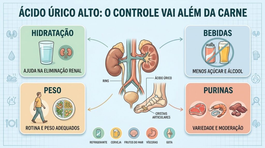 Hidratação, bebidas, peso e fontes de purinas influenciam conjuntamente o controle do ácido úrico.