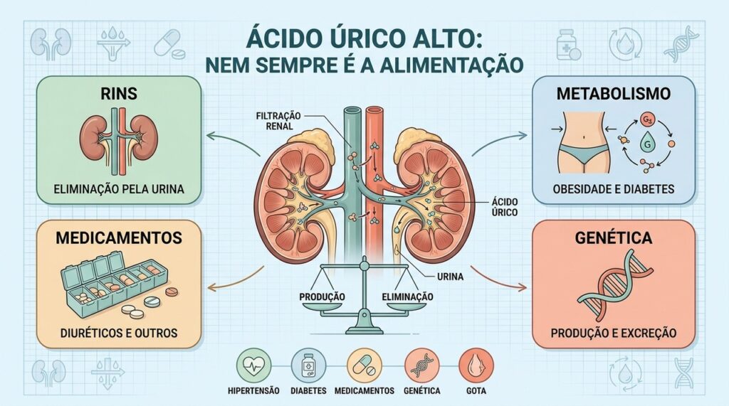Rins, metabolismo, medicamentos e genética ajudam a explicar o ácido úrico elevado.