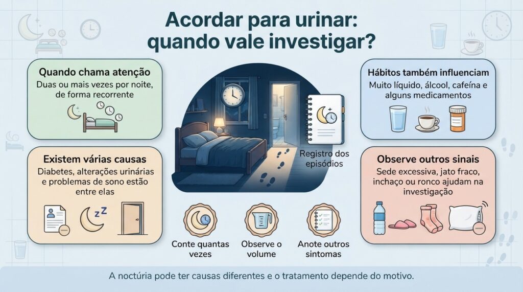 Registrar quantas vezes é preciso levantar, o volume de urina e outros sintomas pode ajudar a descobrir a causa.