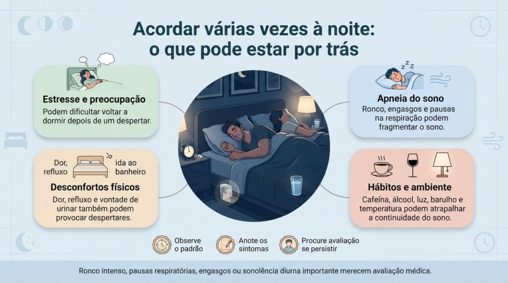 Quando os despertares se repetem, observar ronco, estresse, desconfortos e hábitos pode ajudar a identificar pistas sobre a causa.