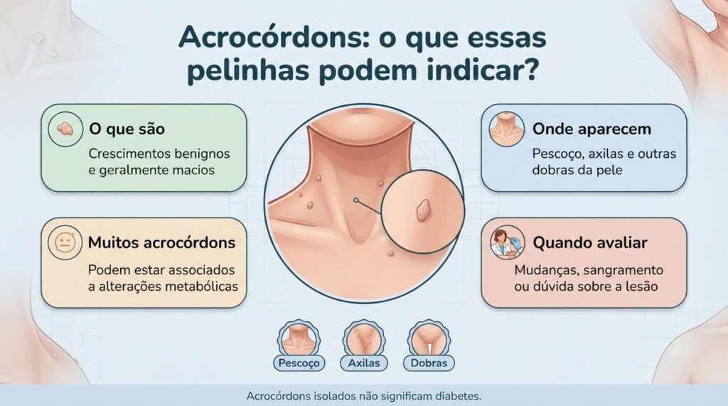 Ter muitos acrocórdons pode estar associado a alterações metabólicas, mas a pele sozinha não faz esse diagnóstico.