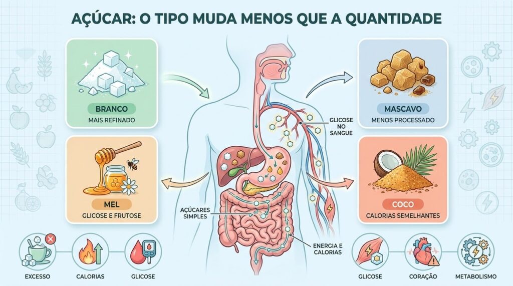 O impacto depende principalmente da quantidade consumida, não apenas do tipo de açúcar escolhido.