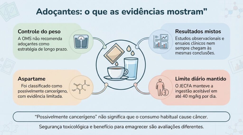 As evidências sobre adoçantes diferenciam segurança dentro dos limites de consumo de sua eficácia como estratégia para controle do peso.