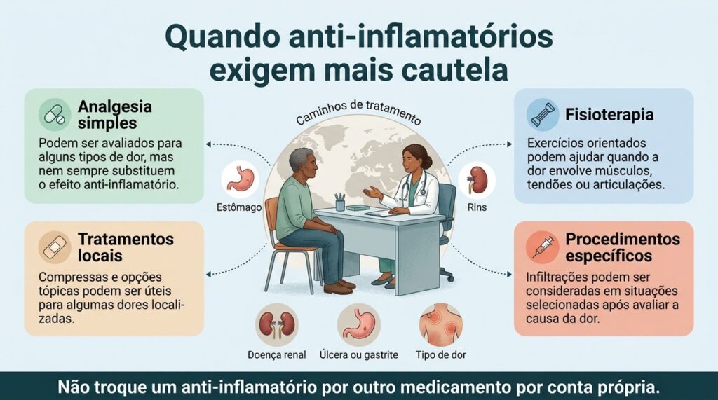 Quando há risco gástrico ou renal, o tratamento da dor deve considerar a causa do problema e o perfil de saúde da pessoa.