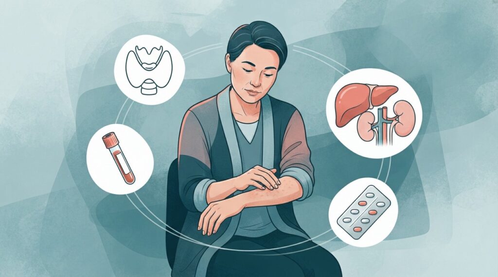 Quando a coceira persiste sem lesões visíveis, medicamentos e algumas condições internas podem entrar na investigação.