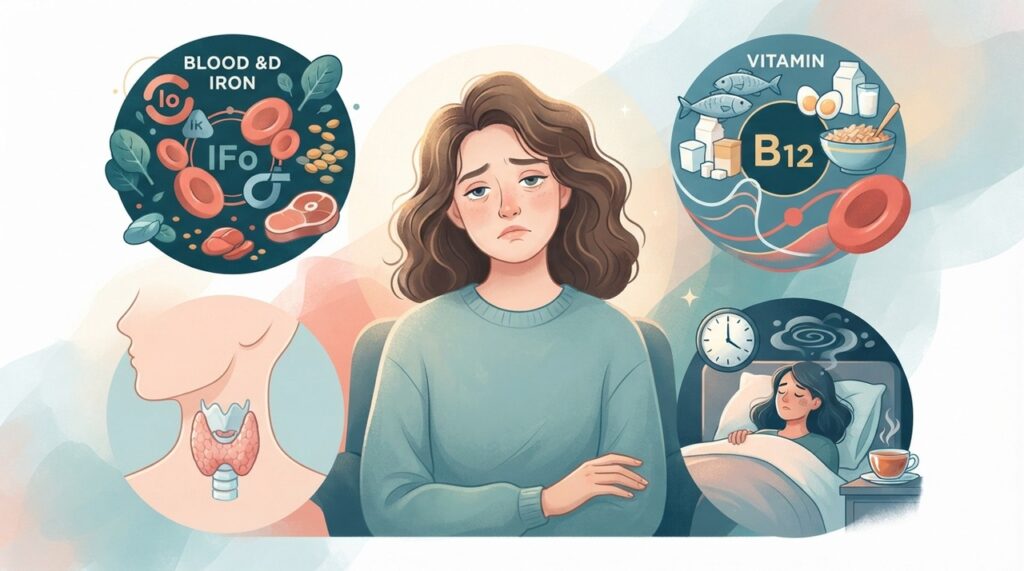 Ferro e vitamina B12 entram na investigação, mas tireoide, sono ruim, estresse e outras condições também podem causar sintomas parecidos.