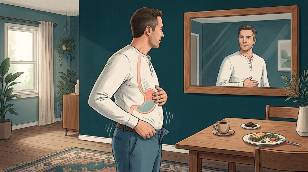 Compressão abdominal, excesso de peso e alguns alimentos ou bebidas podem piorar o refluxo em pessoas suscetíveis.