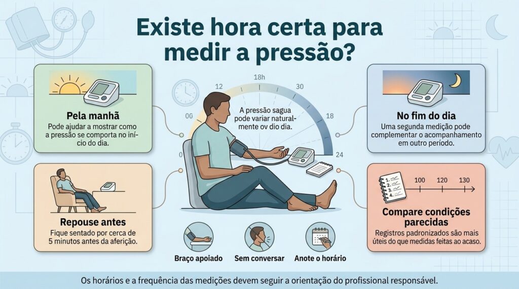 A pressão varia ao longo do dia, por isso medir em condições semelhantes ajuda a identificar tendências com mais segurança.