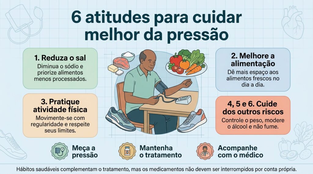 Seis mudanças de rotina podem ajudar no controle da pressão e na redução do risco cardiovascular.