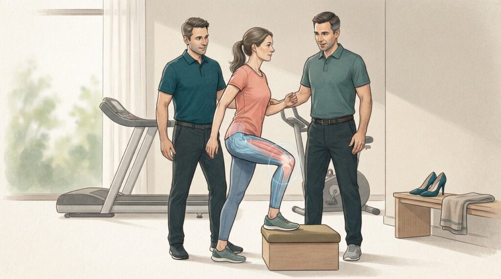 Fortalecimento e aumento gradual da carga ajudam o joelho a lidar melhor com as demandas do dia a dia e do exercício.