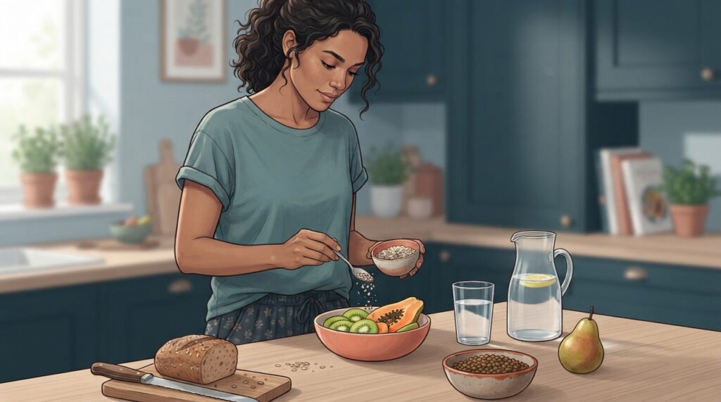 Frutas, legumes, cereais integrais, sementes e leguminosas ajudam a aumentar o consumo de fibras no dia a dia.