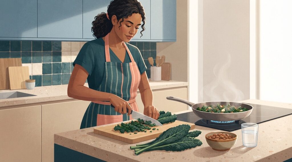 A couve pode entrar em saladas, refogados, feijão, sopas e outras preparações do dia a dia.