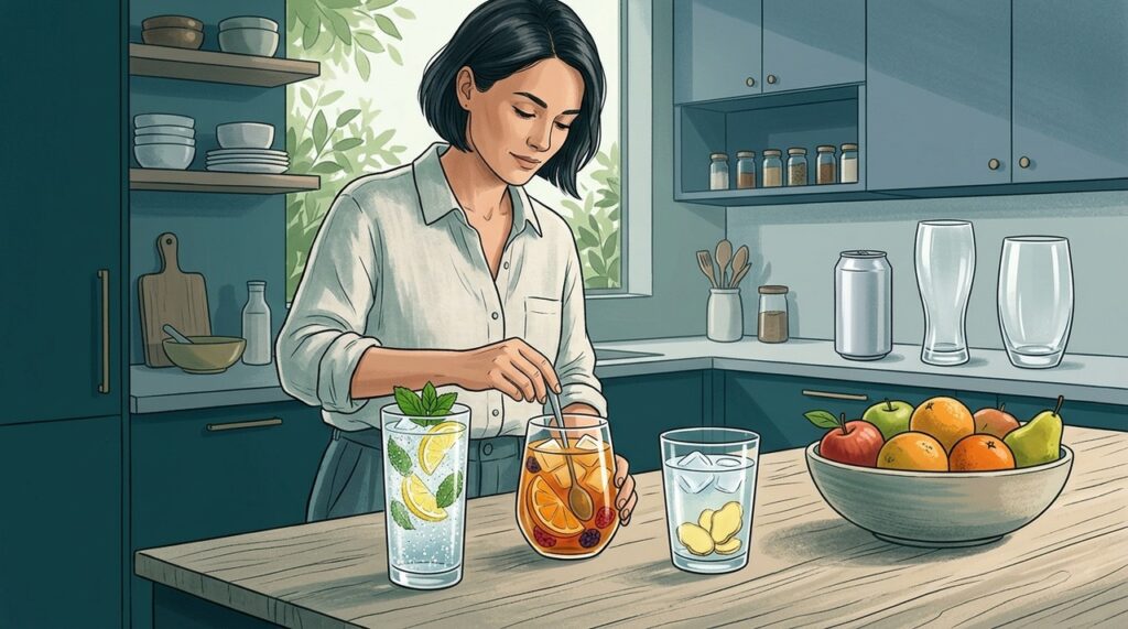 Água com gás, chás sem açúcar e combinações com frutas e ervas ajudam a variar o sabor sem excesso de açúcar ou álcool.