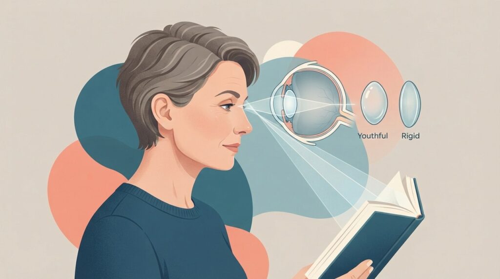 A presbiopia acontece porque o cristalino perde flexibilidade e passa a ajustar pior o foco para perto.