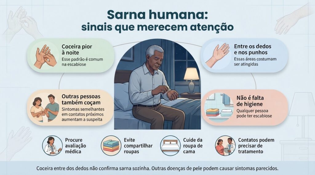Coceira noturna, lesões em locais típicos e sintomas semelhantes em pessoas próximas ajudam a orientar a investigação da sarna.