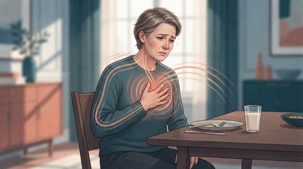 Dor que se espalha para braço, mandíbula ou costas, junto com falta de ar ou suor frio, aumenta a suspeita de infarto.