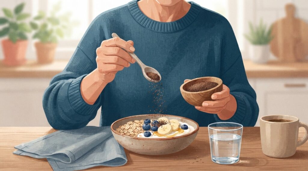 Consumir linhaça com líquidos adequados pode ajudar a aproveitar melhor o aumento de fibras na alimentação.