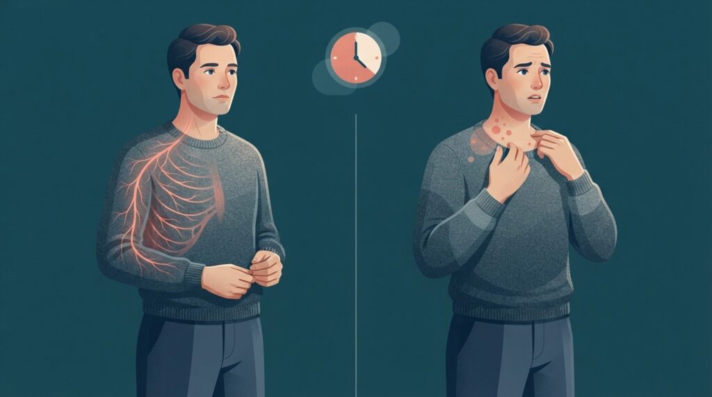Quando a erupção aparece após dor ou ardência unilateral, a avaliação precoce é importante para não atrasar o tratamento.