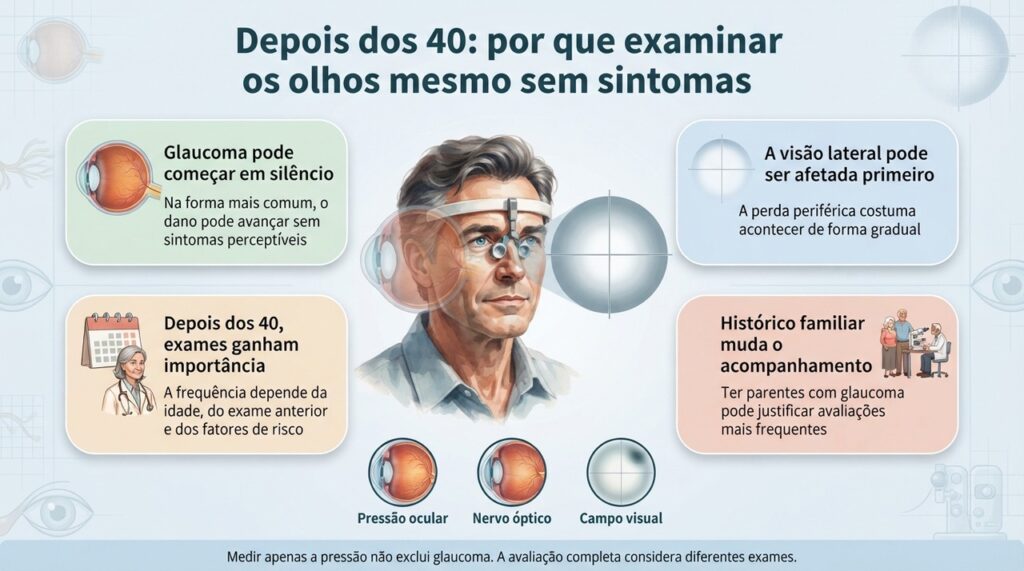 A rotina de exames oftalmológicos ajuda a detectar glaucoma antes que a perda visual se torne evidente.
