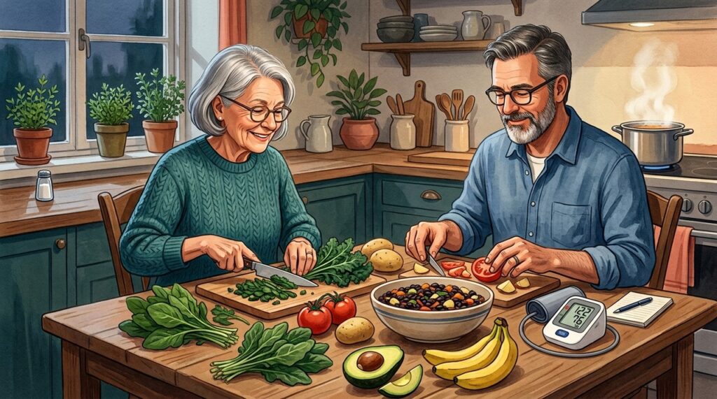 Frutas, legumes, feijões e verduras ajudam a aumentar o potássio da alimentação quando não há contraindicação.