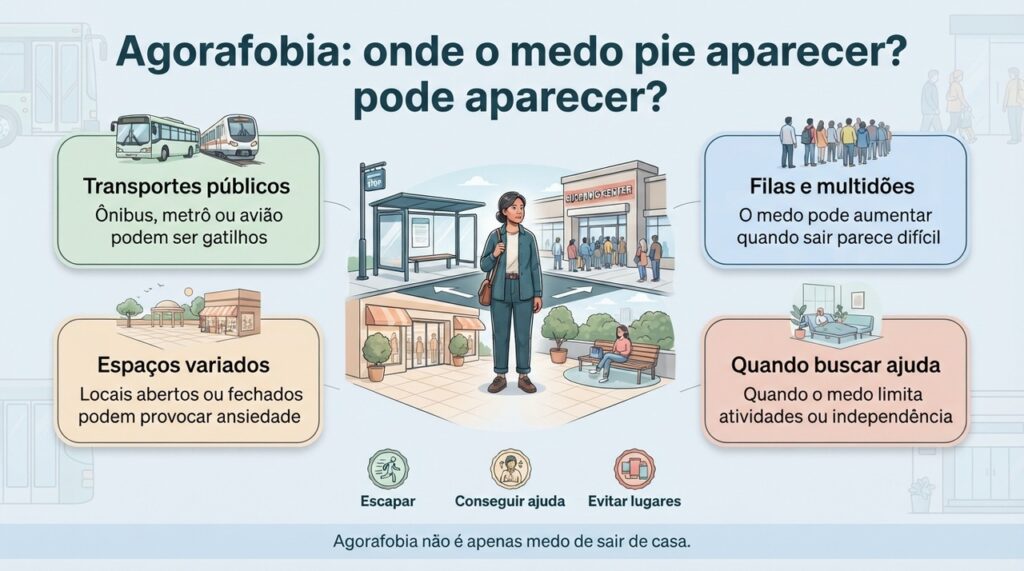 Na agorafobia, o ponto central é o medo de não conseguir escapar ou receber ajuda em determinadas situações.