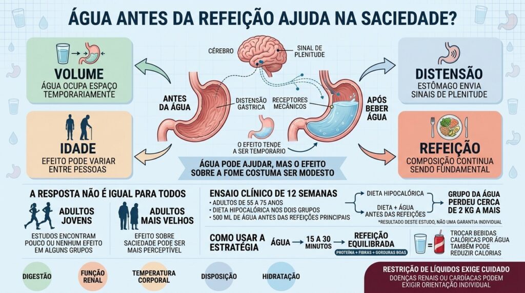 Distensão do estômago explica a saciedade temporária provocada pela água antes das refeições.