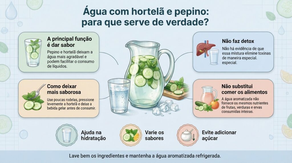Água com pepino e hortelã serve principalmente para variar o sabor e tornar a hidratação mais agradável.