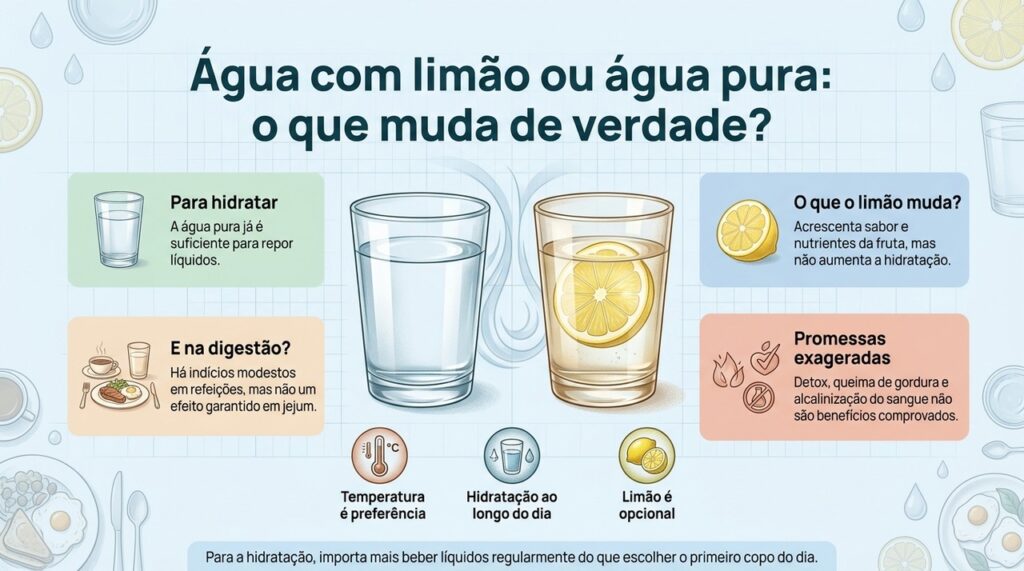 A água pura já hidrata adequadamente, enquanto os benefícios digestivos atribuídos ao limão são mais limitados do que muitas promessas sugerem.