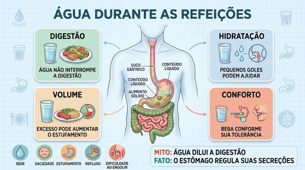 Água não interrompe a digestão, mas o excesso pode aumentar o desconforto.