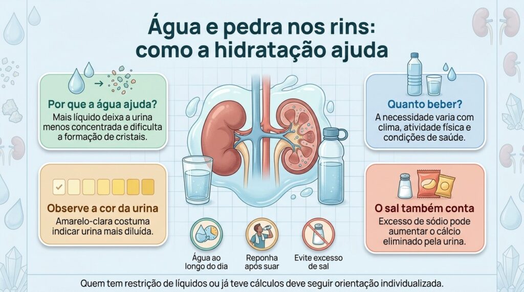 Manter a urina mais diluída com boa hidratação ajuda a dificultar a formação e a recorrência de pedras nos rins.
