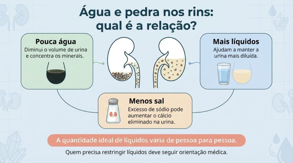 A hidratação ajuda a reduzir a concentração de substâncias que podem formar cálculos, mas a prevenção depende também de outros fatores.