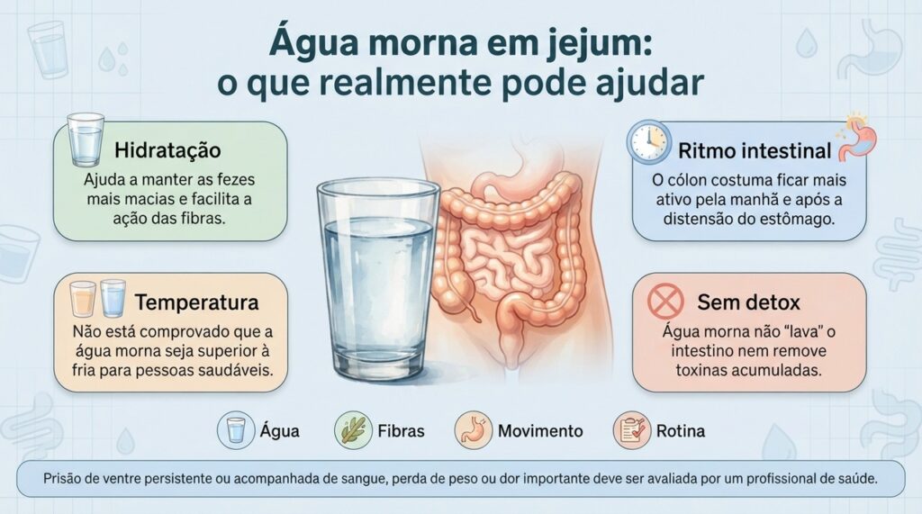 Água, fibras, movimento e rotina ajudam o intestino, enquanto a temperatura da bebida tem papel secundário.