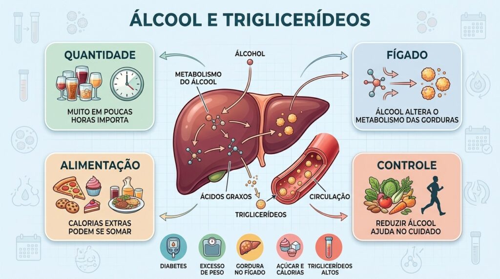 Álcool, calorias extras e metabolismo hepático podem contribuir para triglicerídeos mais elevados.